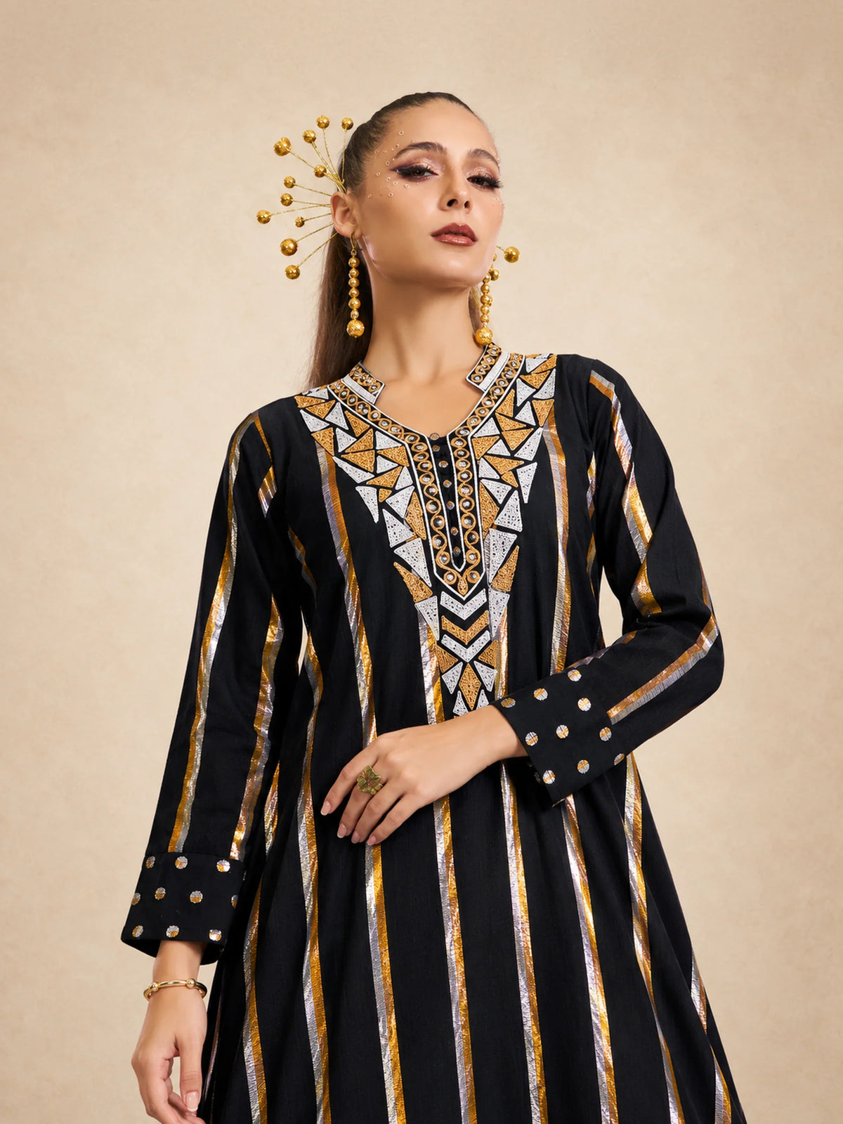 Cotton Jalabiya With  Stripe/ Polka Dot  Lurex