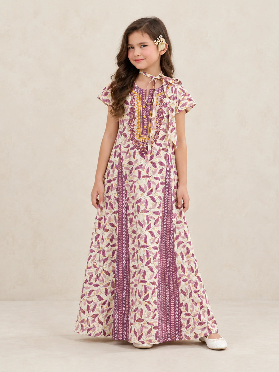 Leaf Print Embroidered Jalabiya