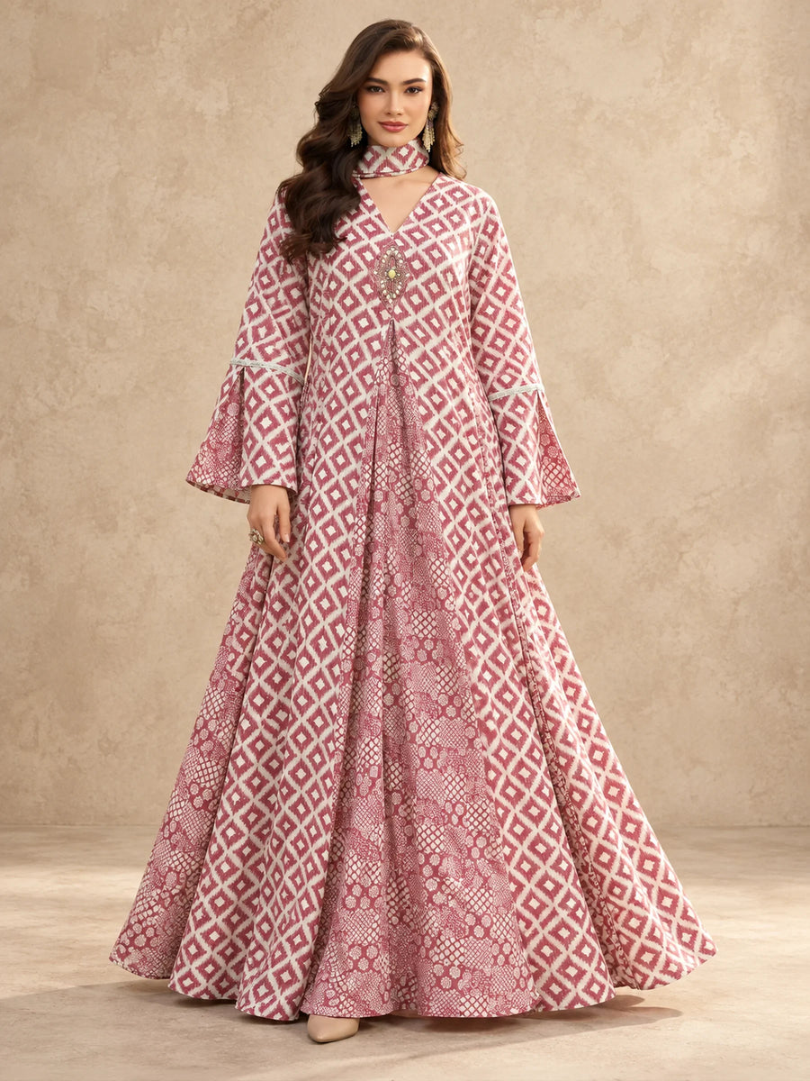 Pink Cotton Kantha Geometric Printed Jalabiya