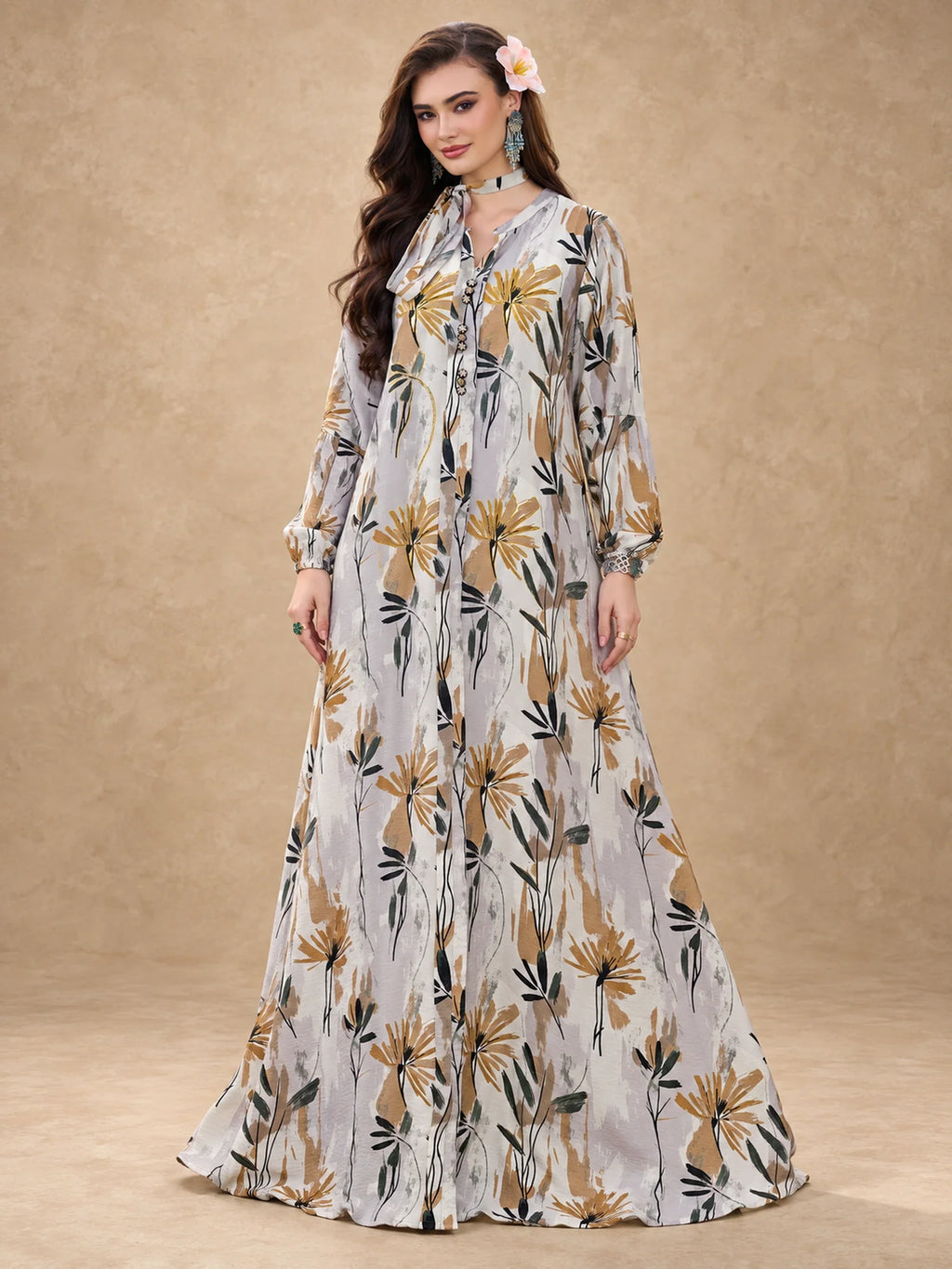Abstract Flower Print Embroidered Jalabiya