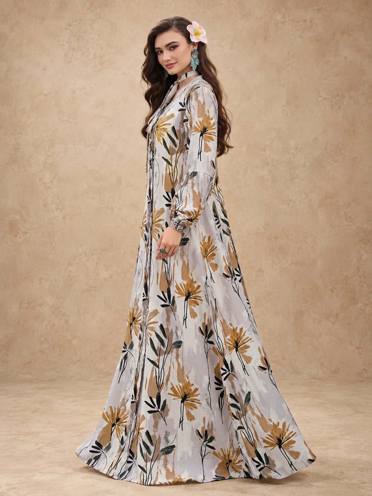 Abstract Flower Print Embroidered Jalabiya