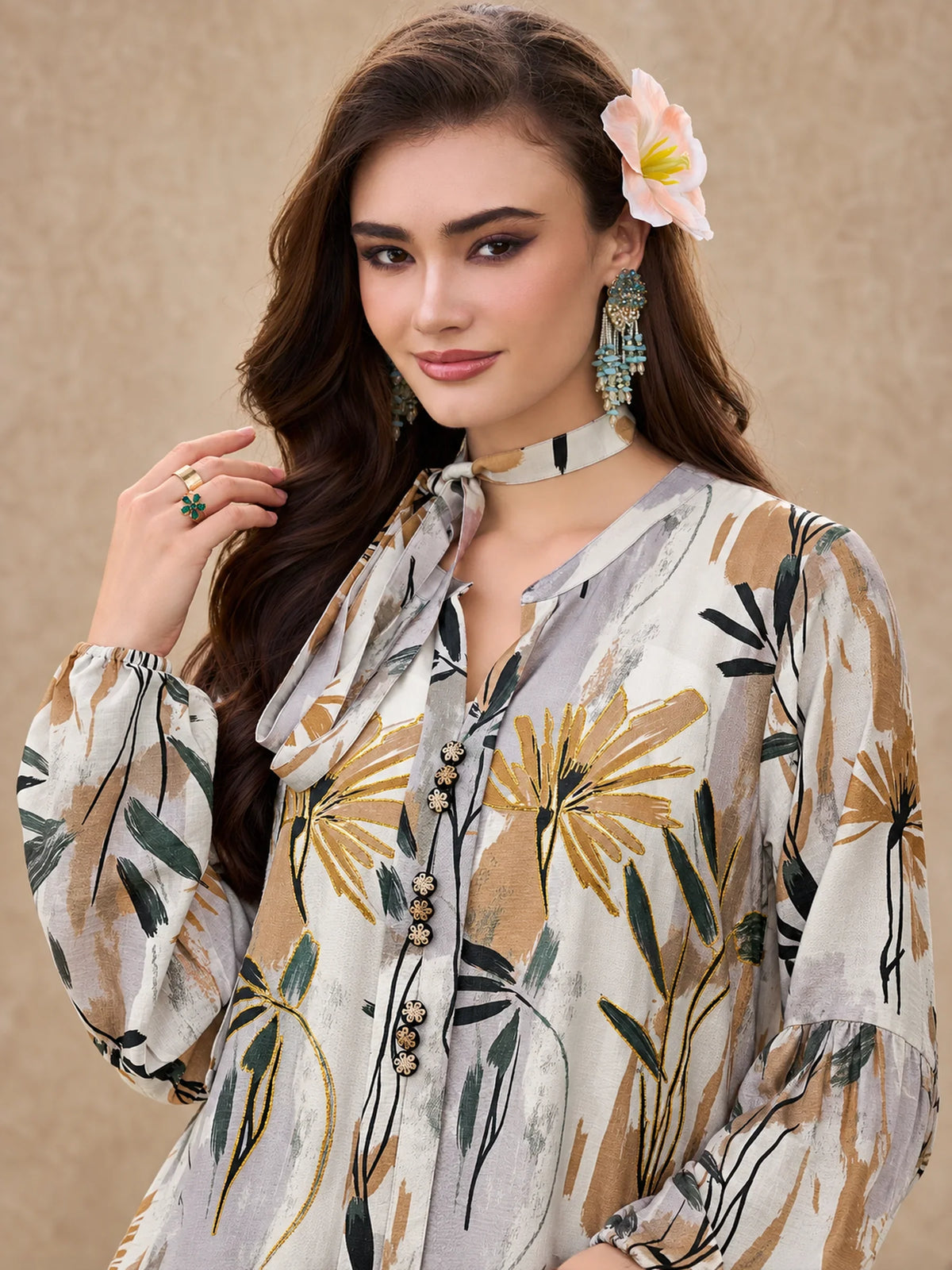 Abstract Flower Print Embroidered Jalabiya