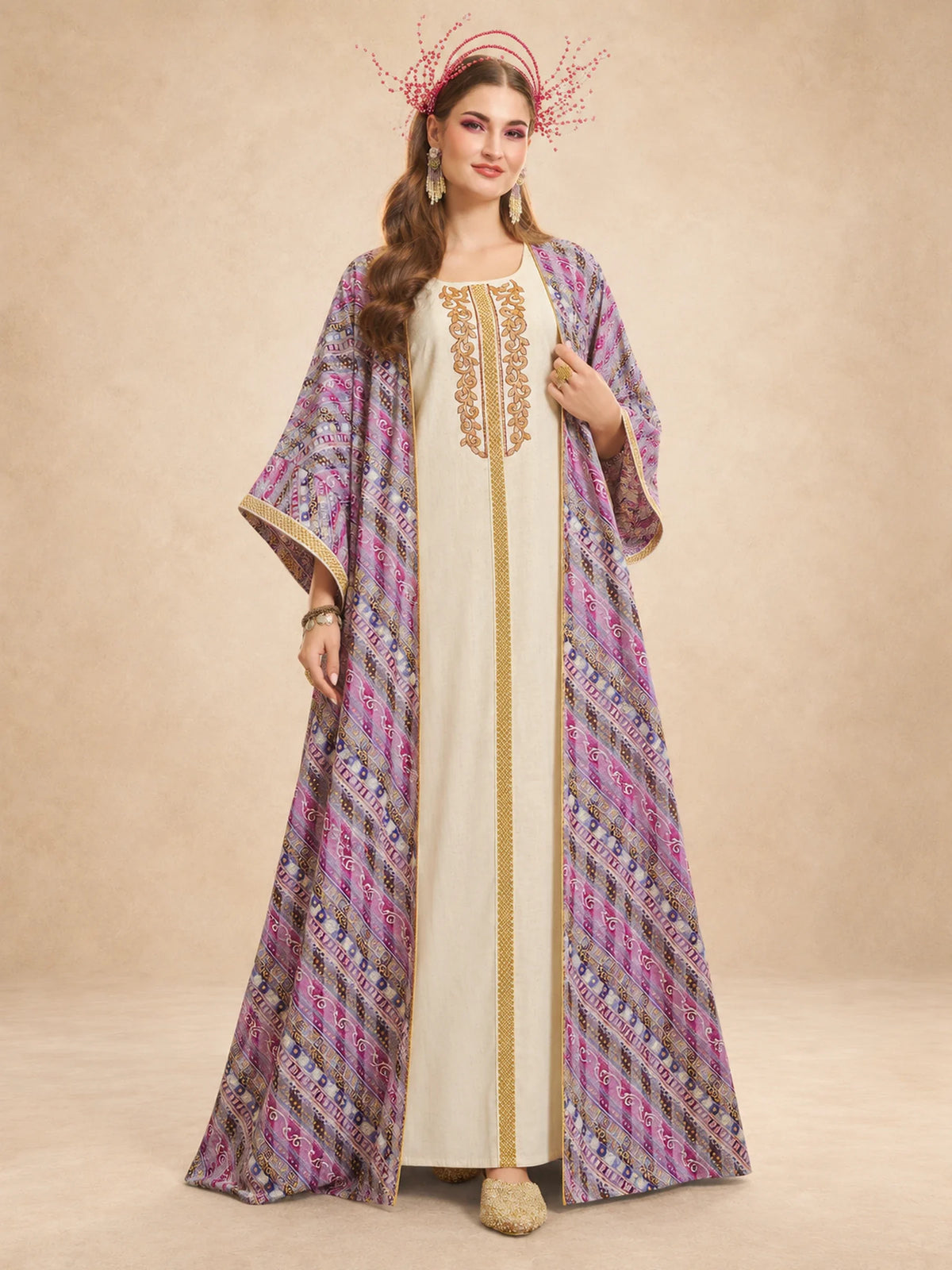 2 Pc Stripe-Swirl Printed Jacquard  Jalabiya With Embroidery