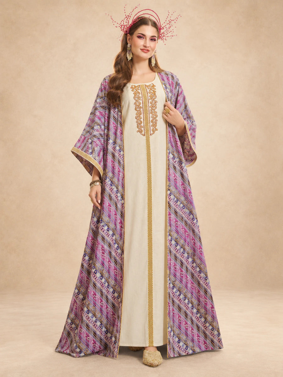 2 Pc Stripe-Swirl Printed Jacquard  Jalabiya With Embroidery