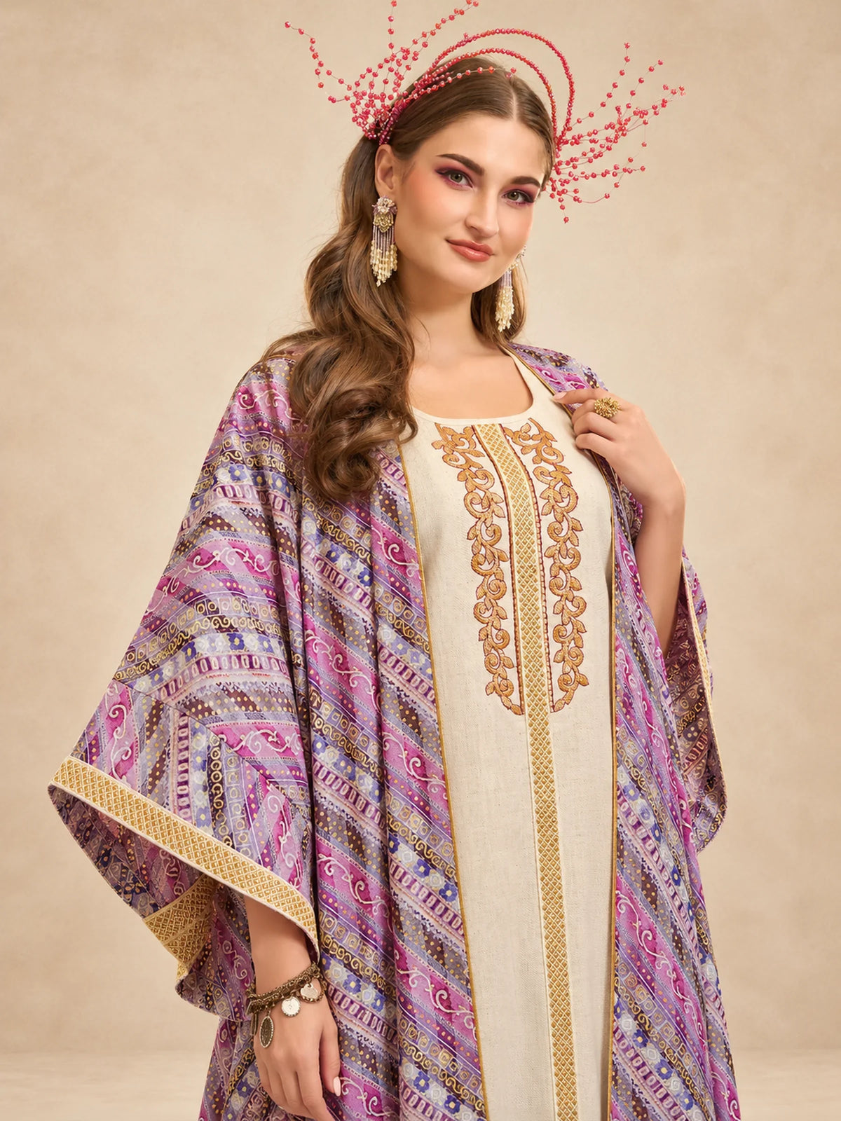 2 Pc Stripe-Swirl Printed Jacquard  Jalabiya With Embroidery