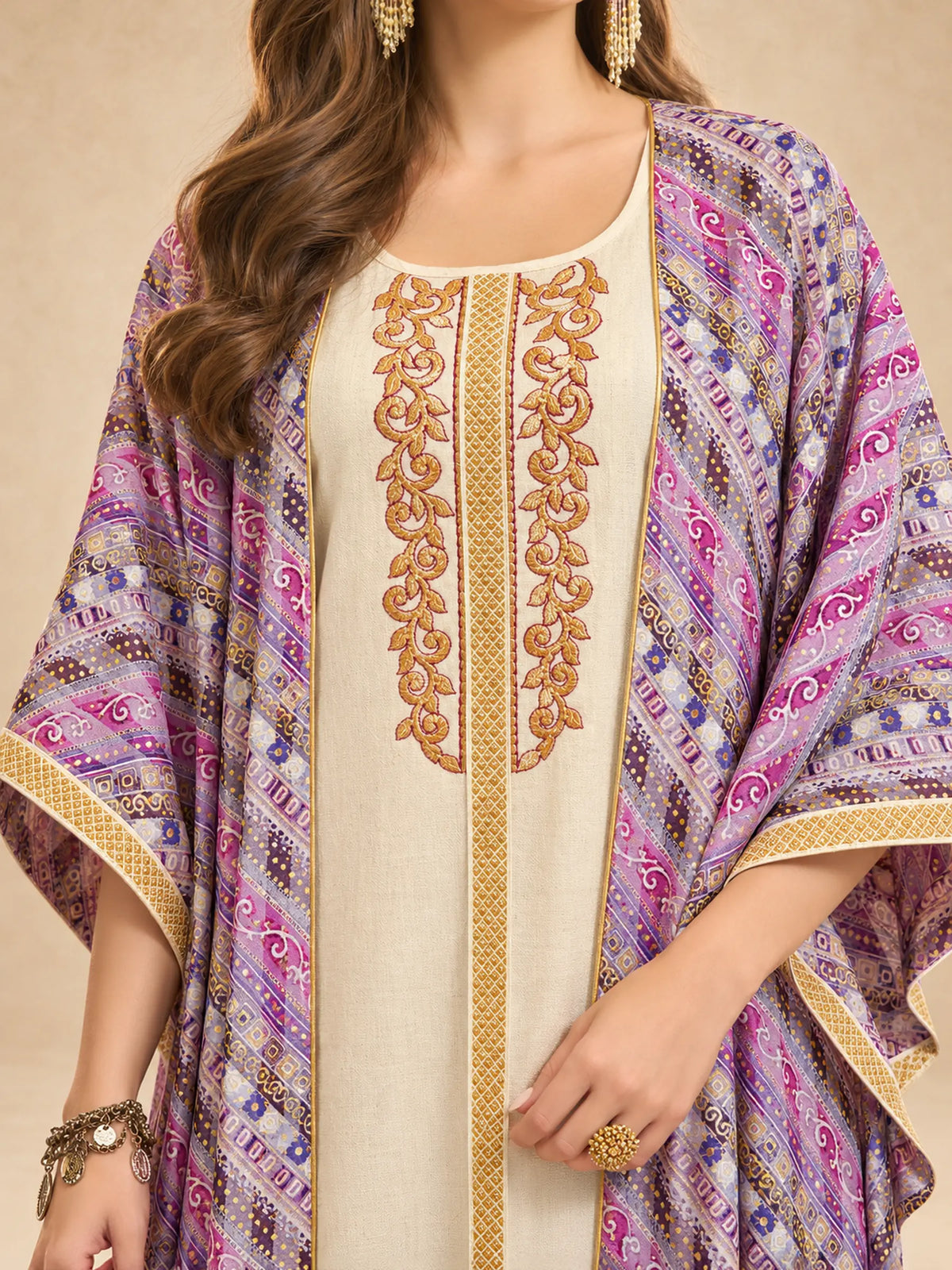2 Pc Stripe-Swirl Printed Jacquard  Jalabiya With Embroidery