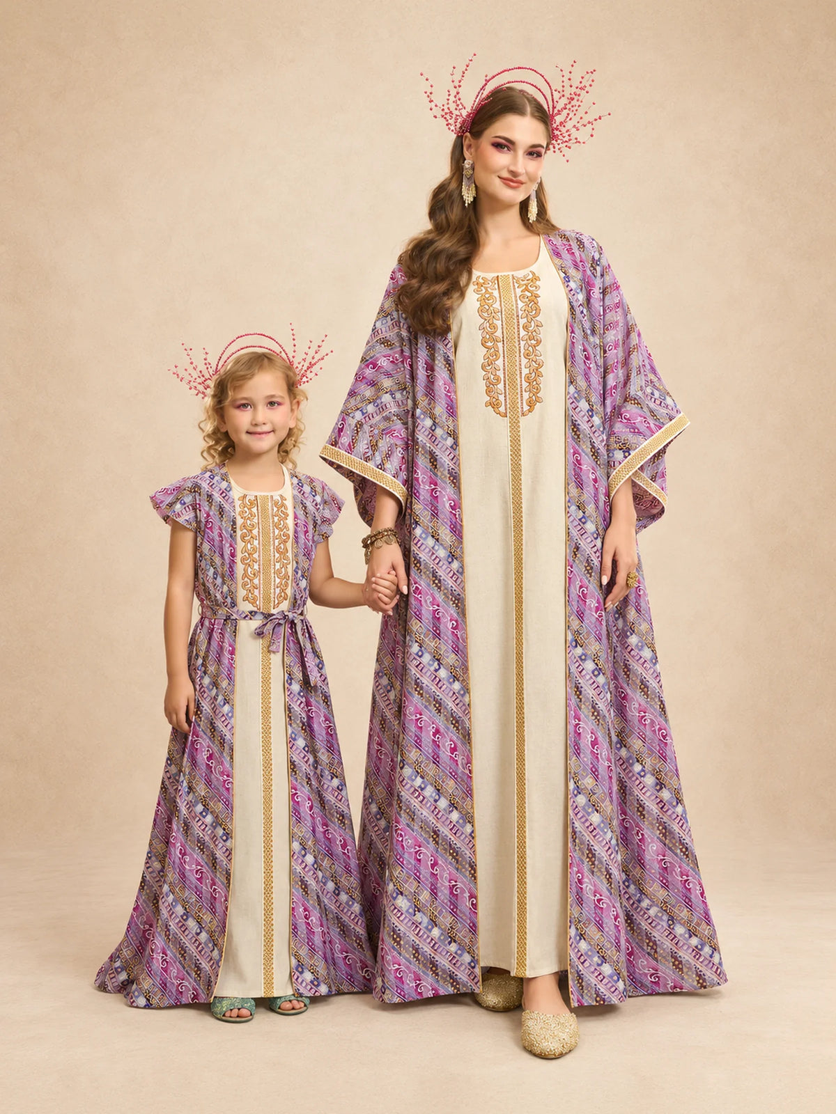 2 Pc Stripe-Swirl Printed Jacquard  Jalabiya With Embroidery
