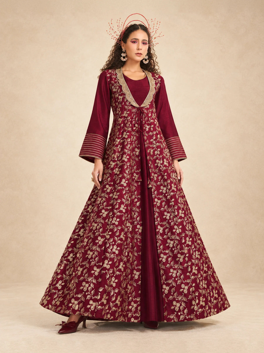 2 Pc Look- Foil Printed Jalabiya With Golden Embroidery