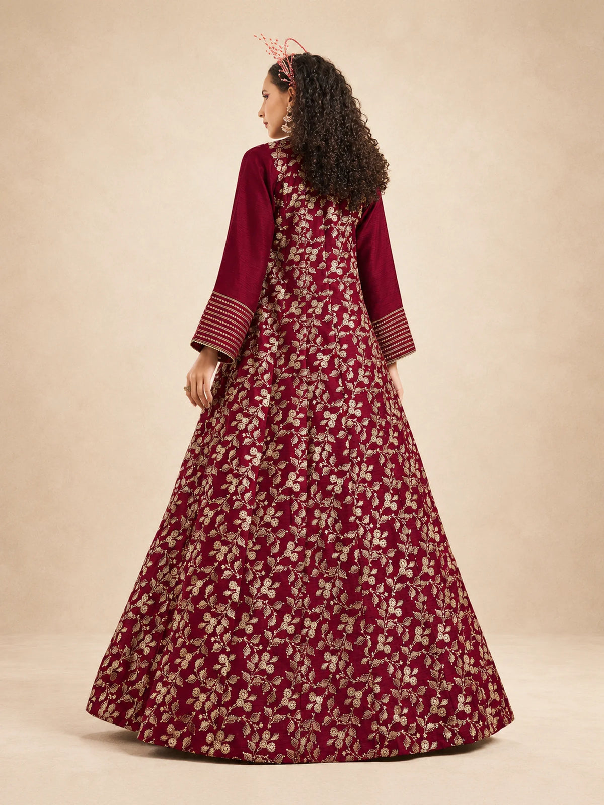 2 Pc Look- Foil Printed Jalabiya With Golden Embroidery