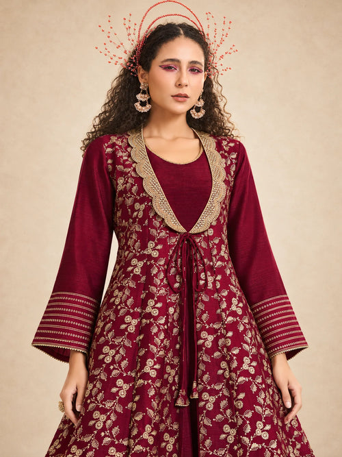 2 Pc Look- Foil Printed Jalabiya With Golden Embroidery