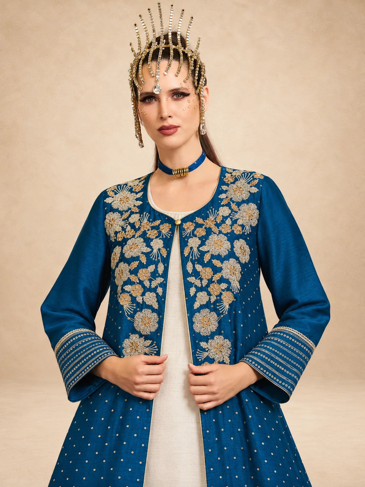 2 Pc Dot Foil Printed Jalabiya With Golden Embroidery