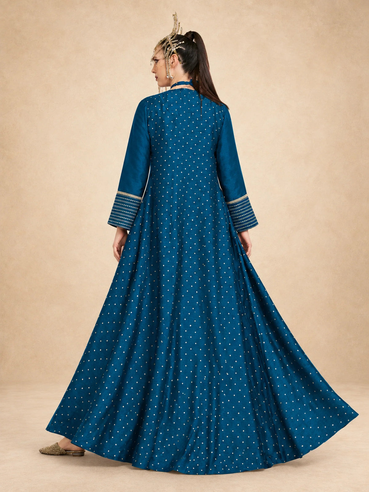2 Pc Dot Foil Printed Jalabiya With Golden Embroidery