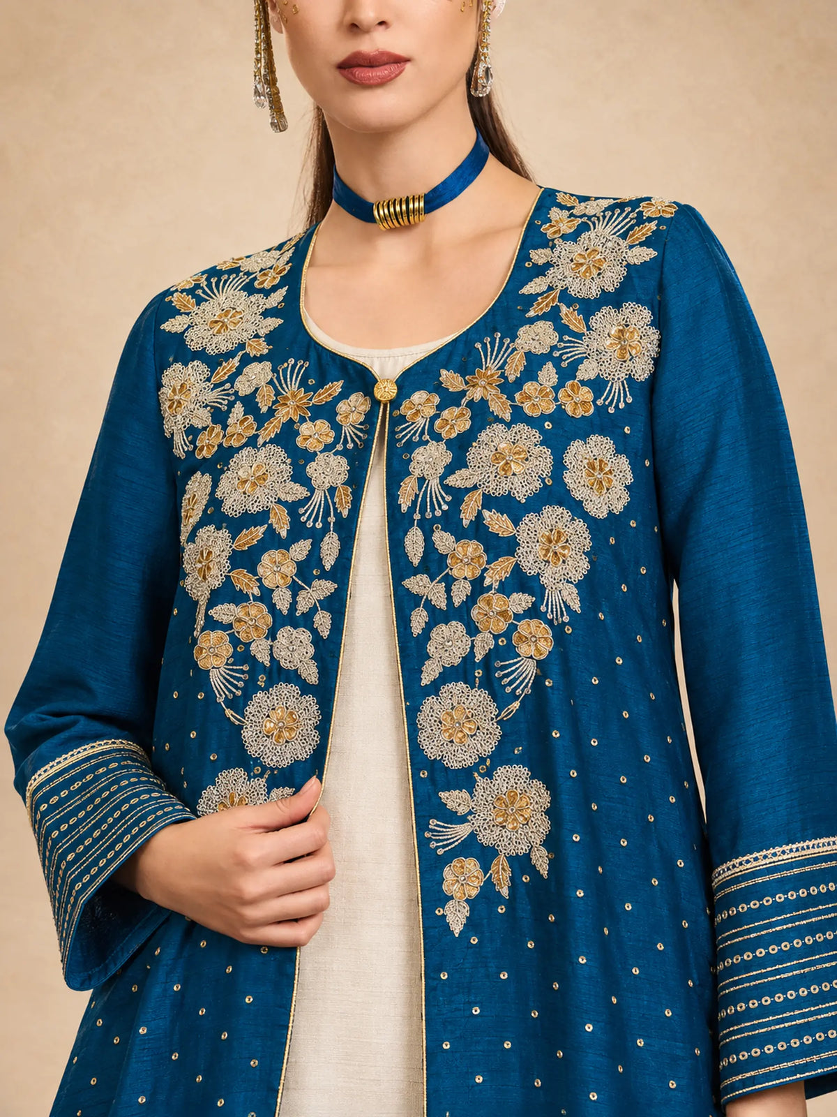 2 Pc Dot Foil Printed Jalabiya With Golden Embroidery