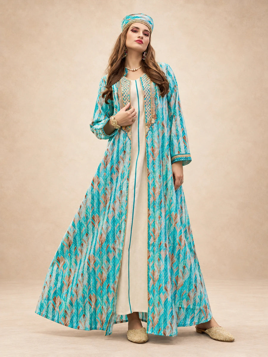 2 Pc Printed Jacquard  Jalabiya With Embroidery