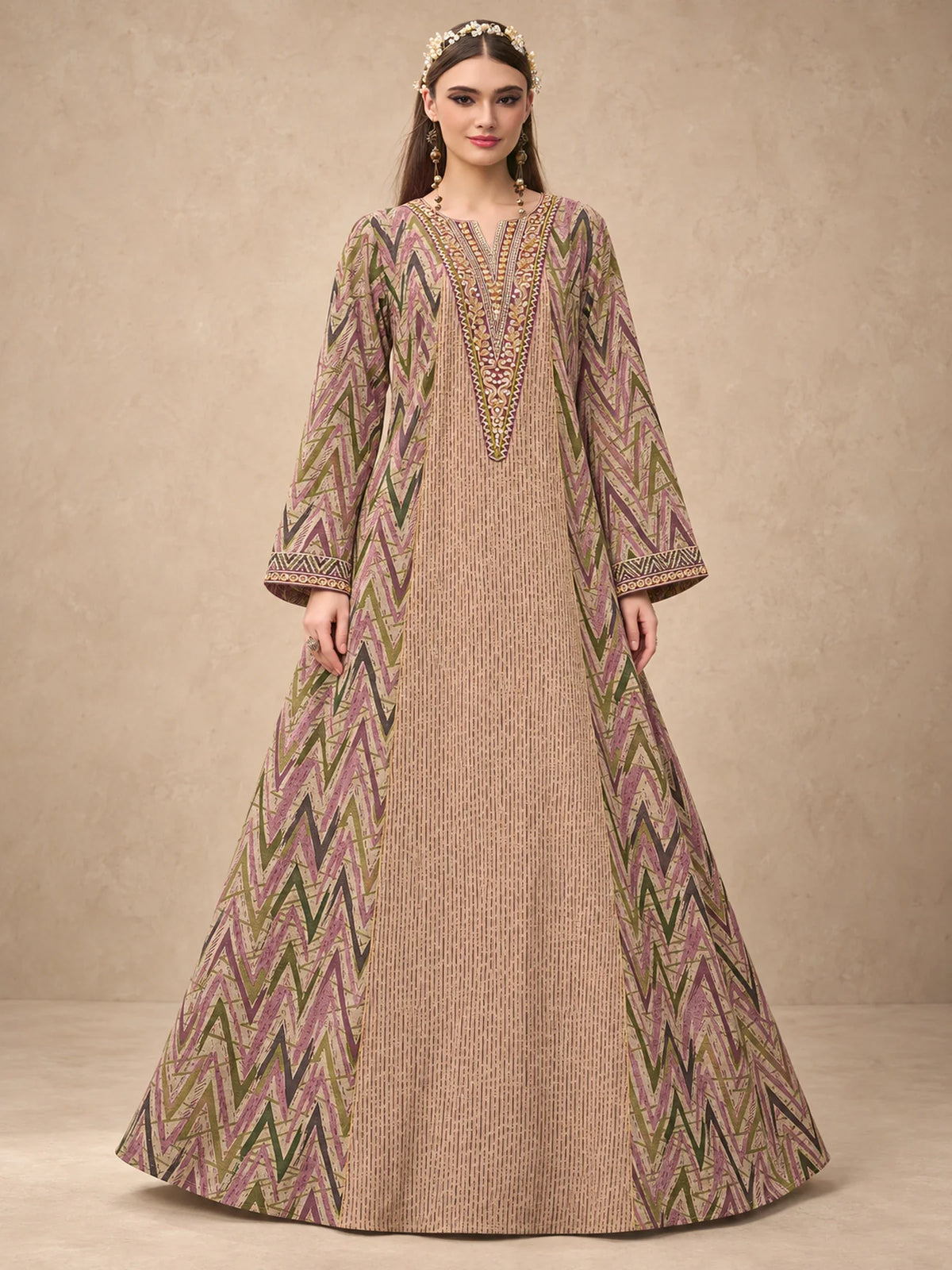 Cotton Blend Zigzag Printed Jalabiya