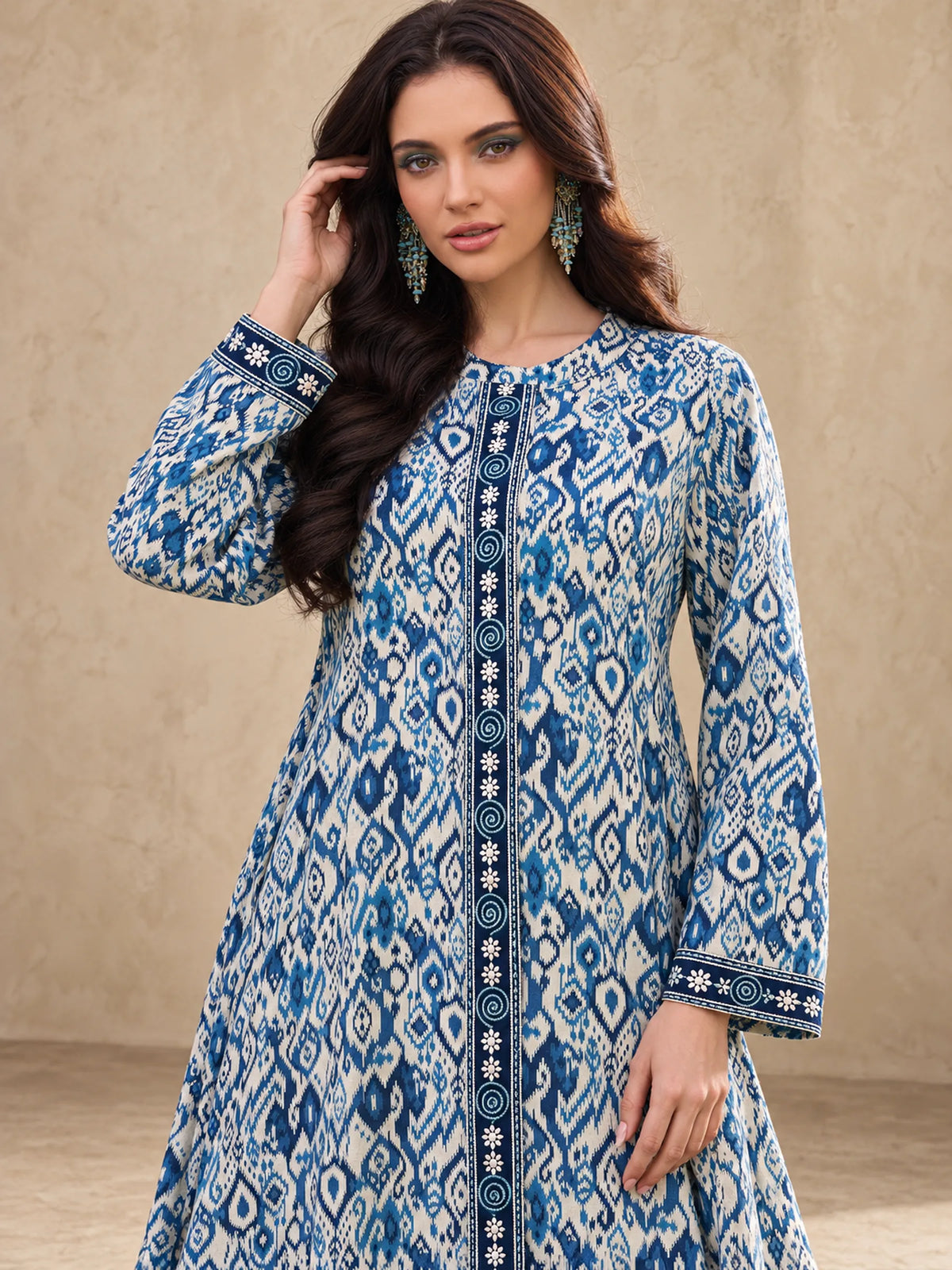 Cotton Ikkat Print Embroidery Panel Jalabiya
