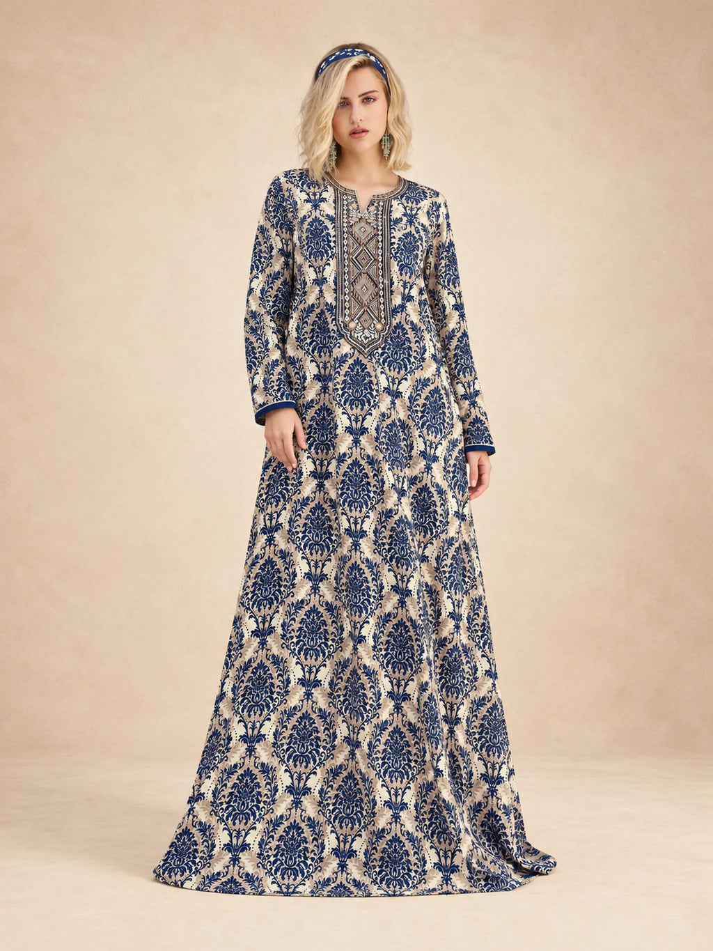 Bold Damask  Print Embroidered Jalabiya