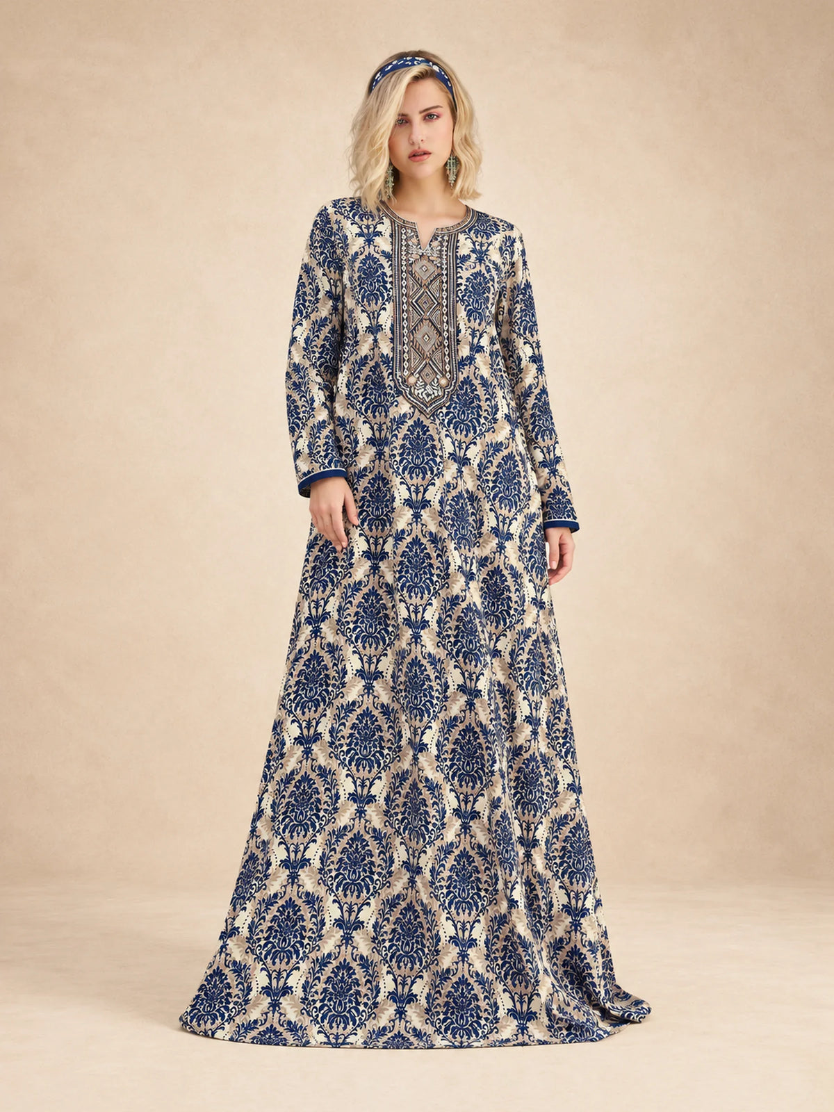 Bold Damask  Print Embroidered Jalabiya