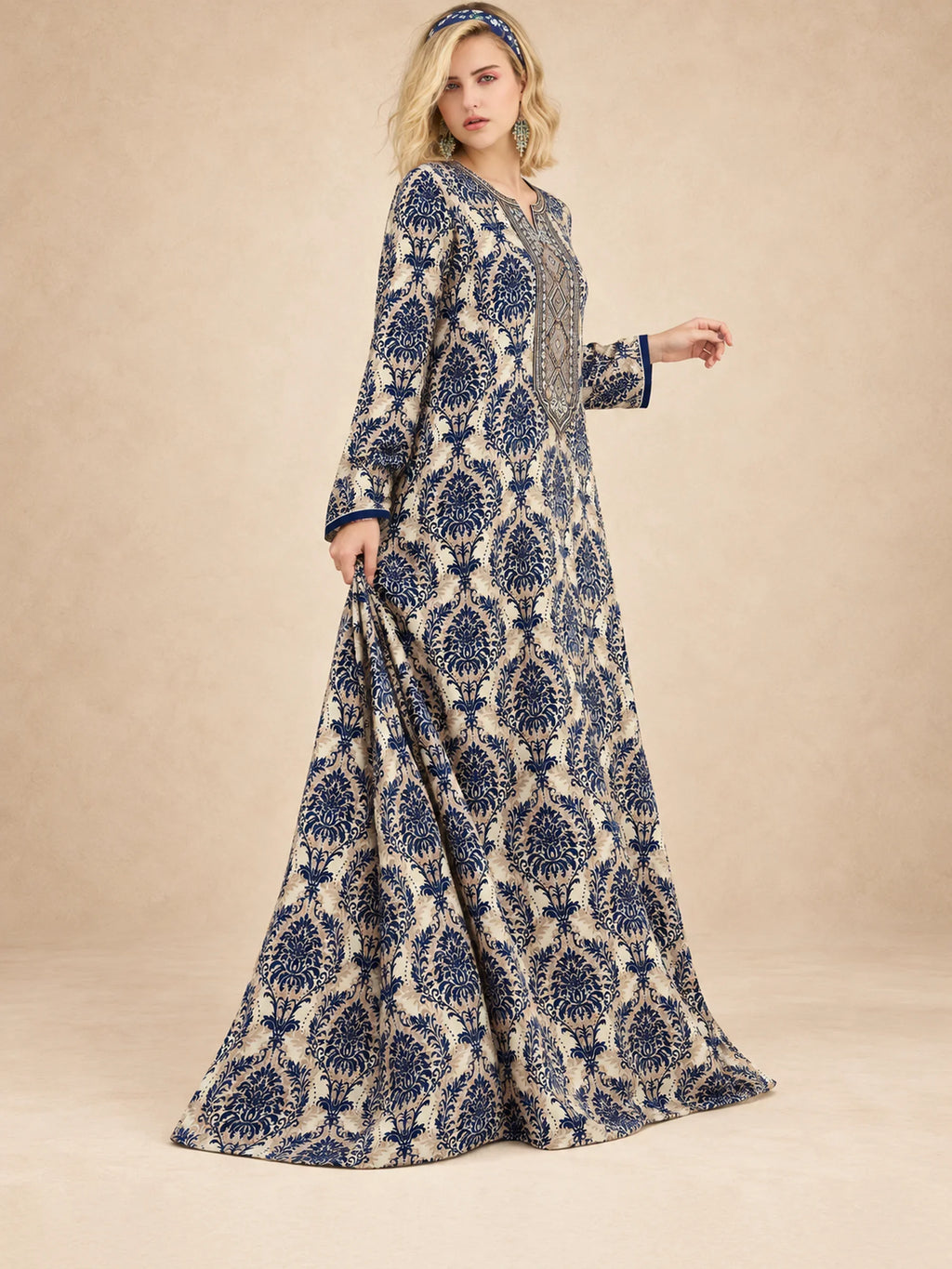 Bold Damask  Print Embroidered Jalabiya