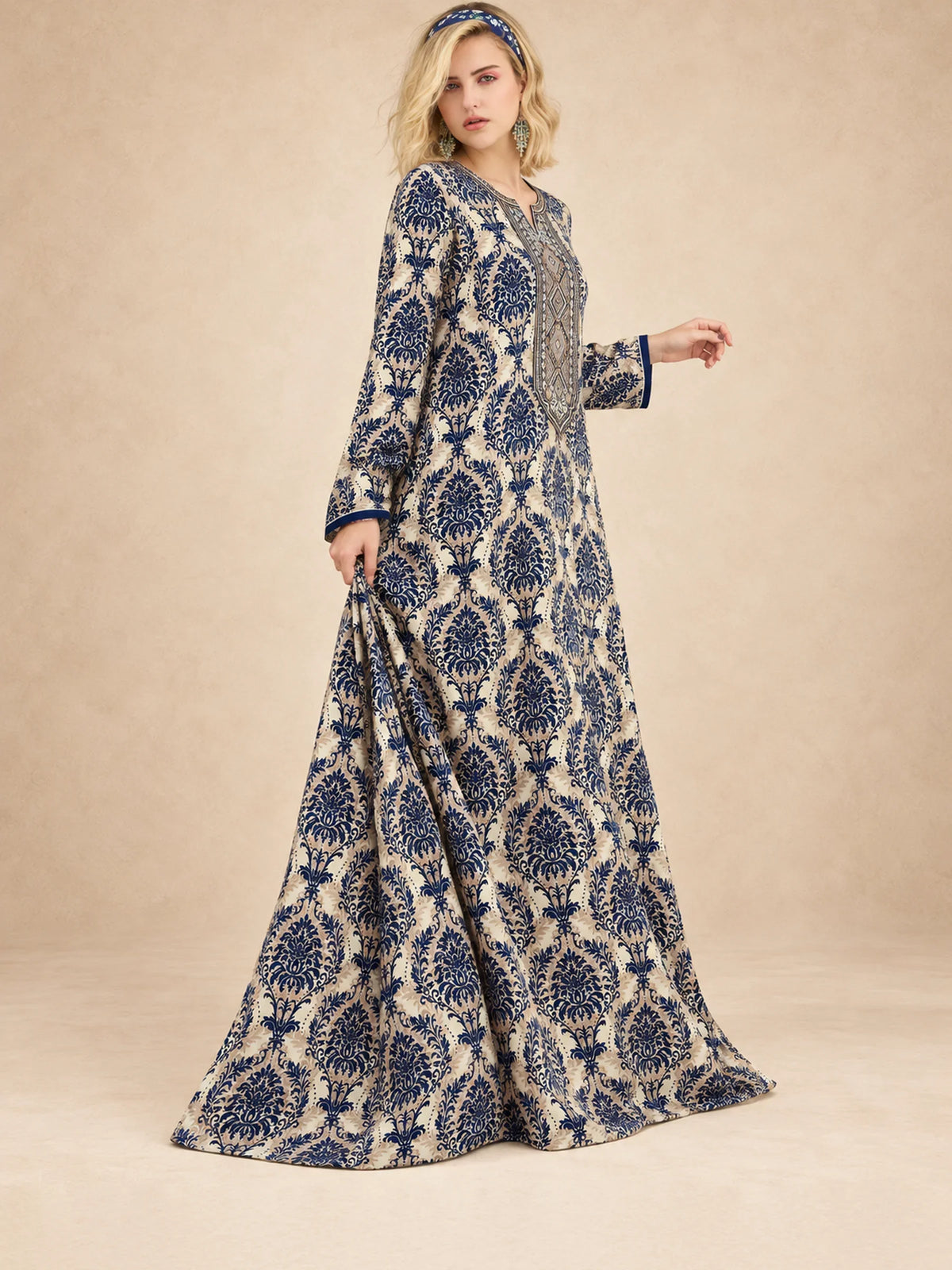 Bold Damask  Print Embroidered Jalabiya