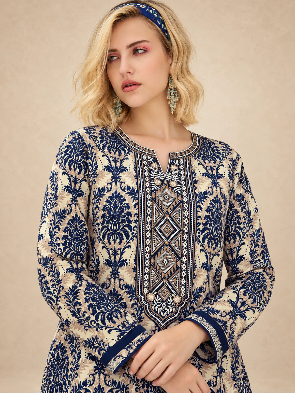 Bold Damask  Print Embroidered Jalabiya