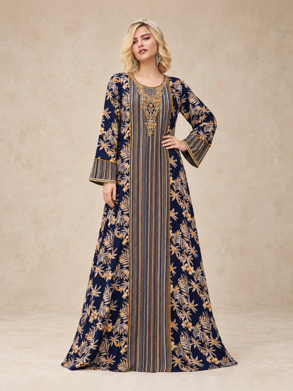 Cotton Leaf Print Jalabiya With Threadwork Embroidery