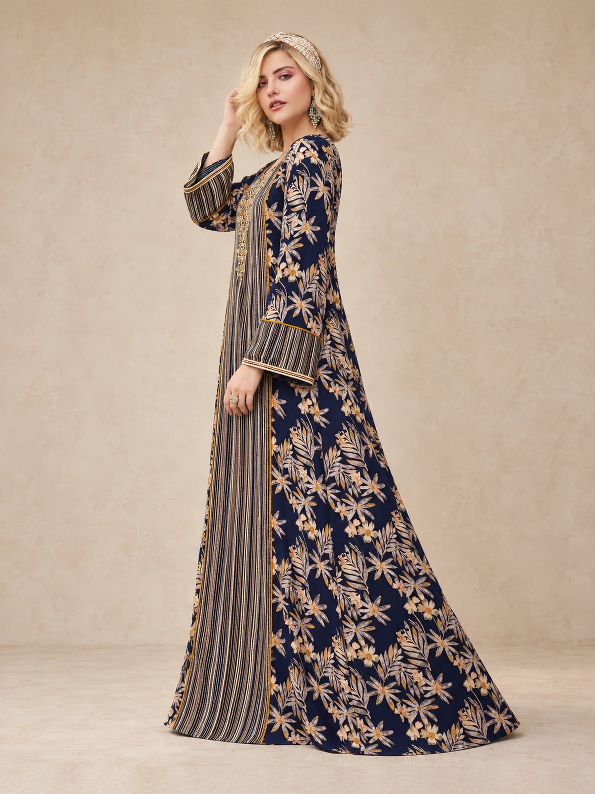 Cotton Leaf Print Jalabiya With Threadwork Embroidery