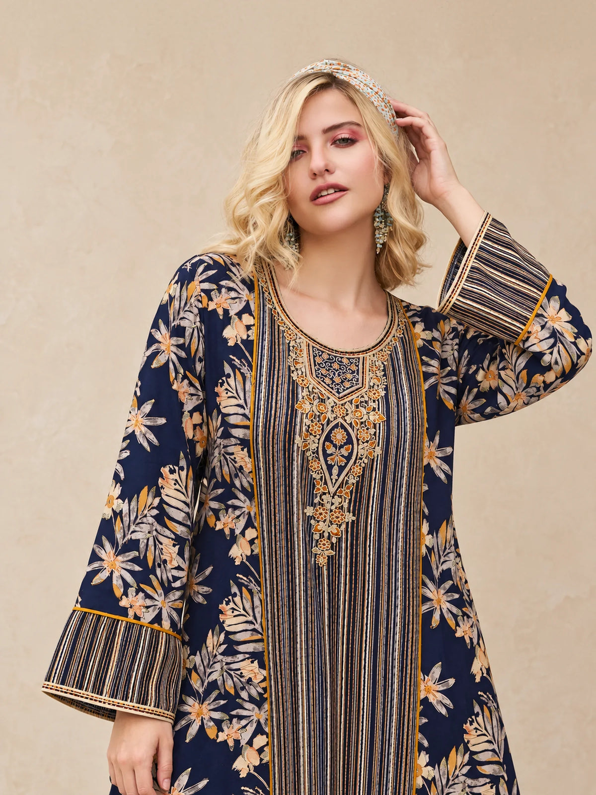 Cotton Leaf Print Jalabiya With Threadwork Embroidery