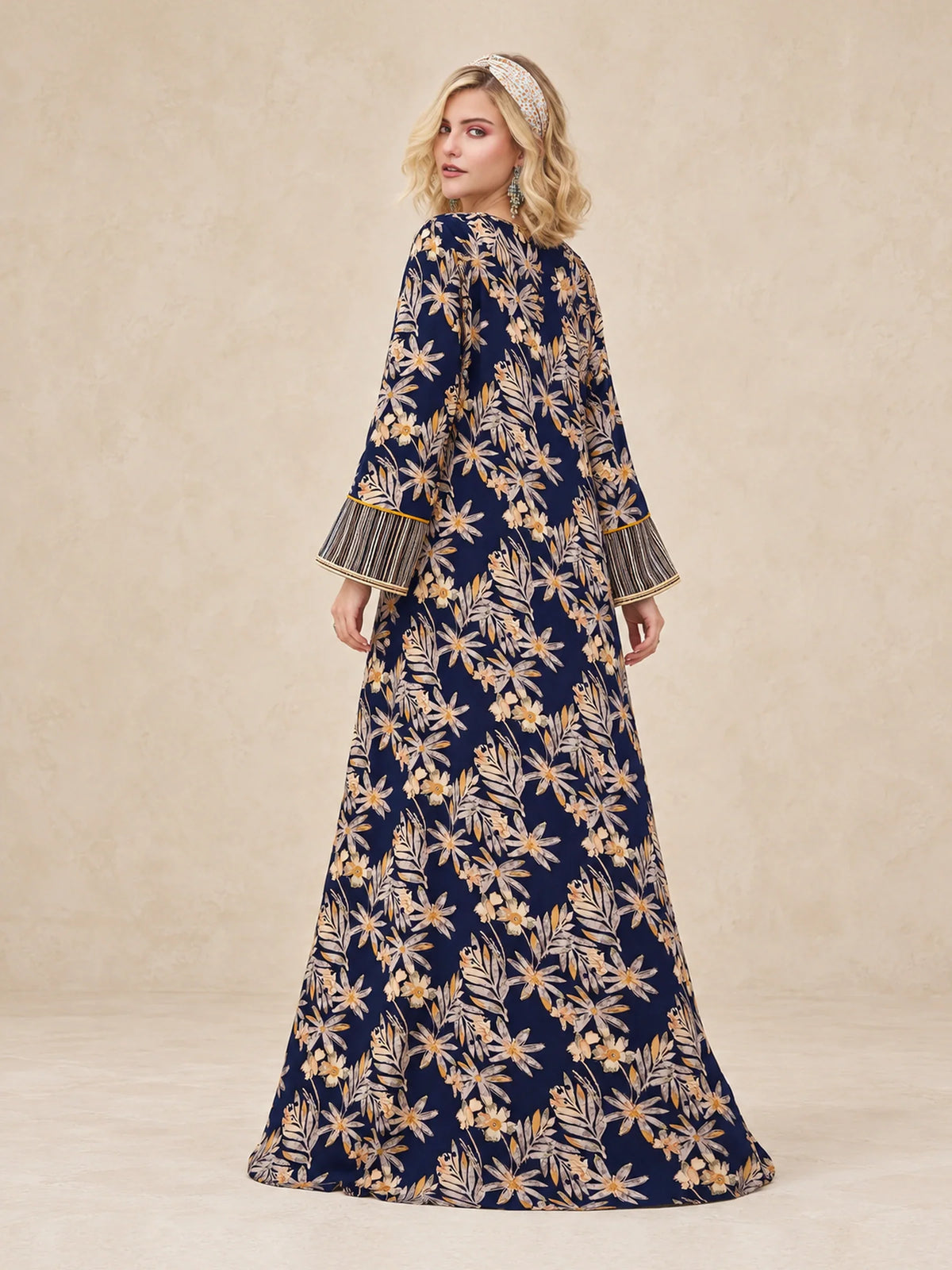Cotton Leaf Print Jalabiya With Threadwork Embroidery