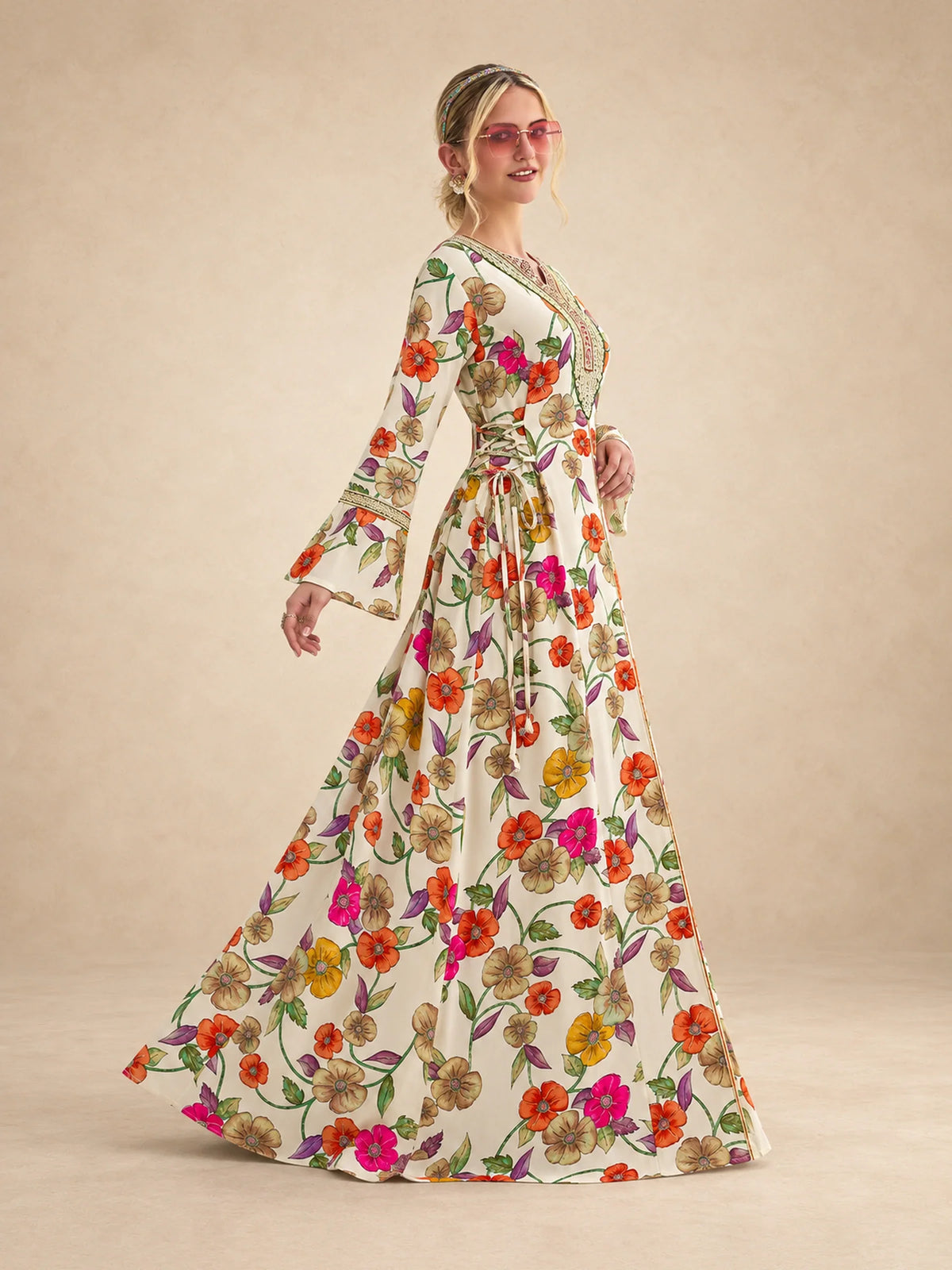 Cotton Vibrant Print Jalabiya With Embroidery And Draw  String