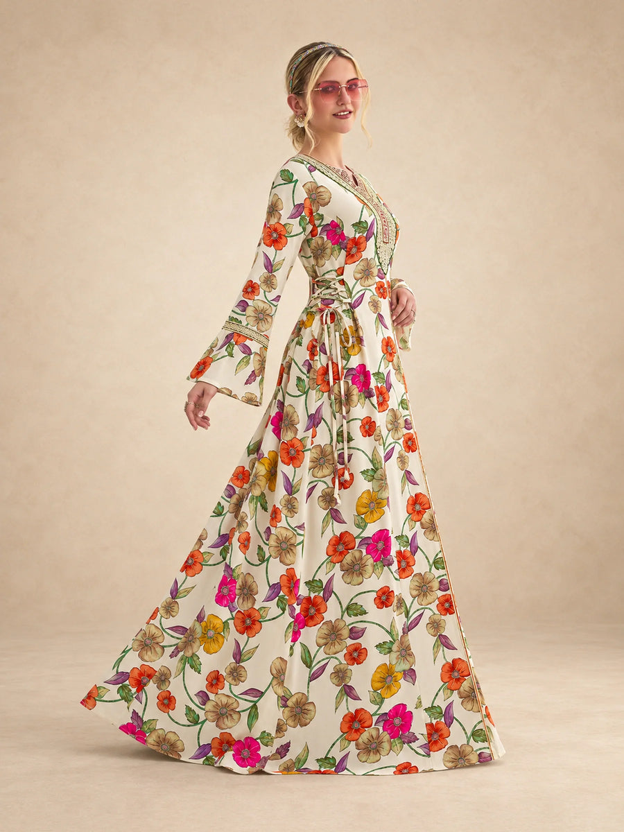 Cotton Vibrant Print Jalabiya With Embroidery And Draw  String