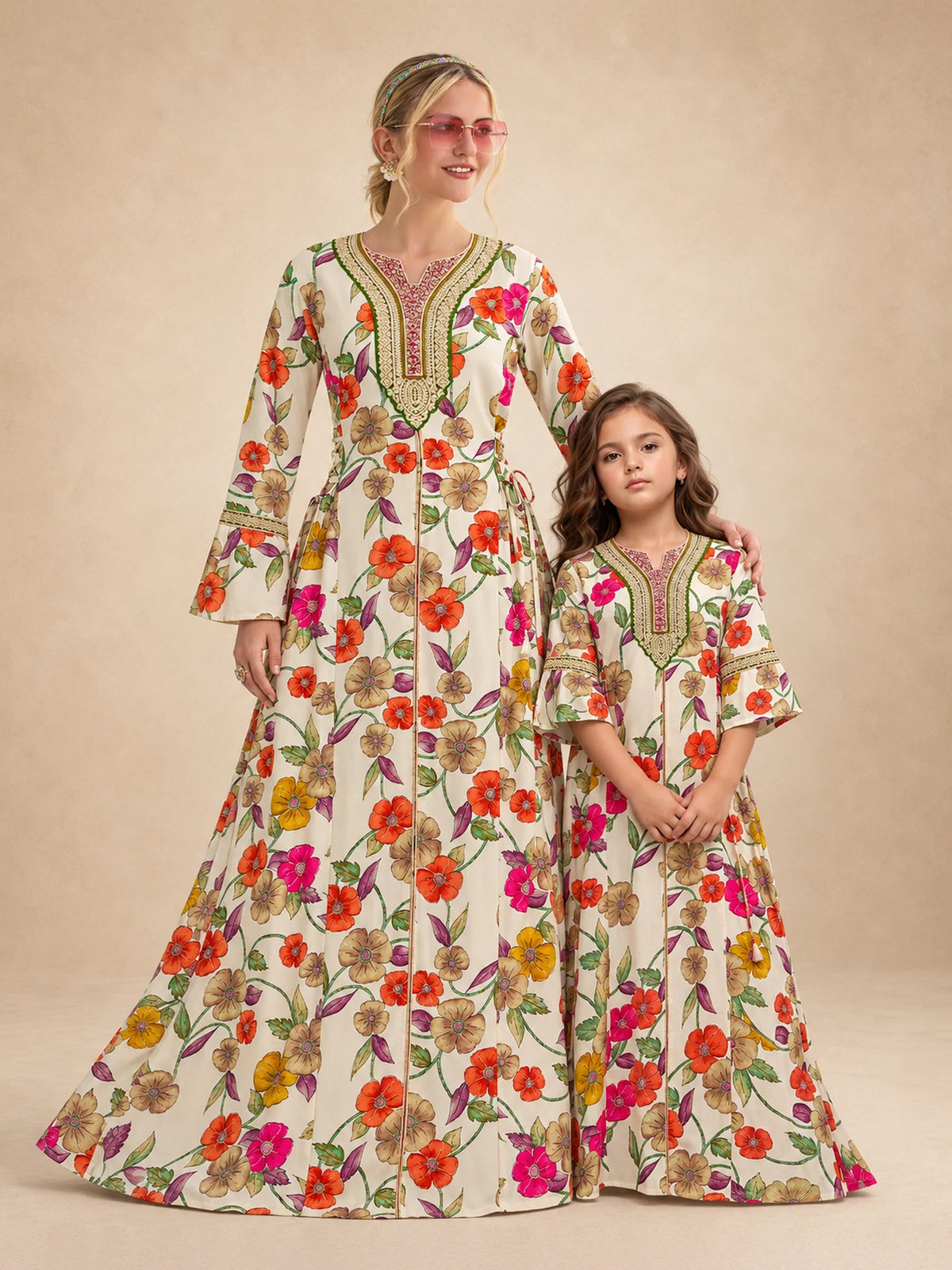 Cotton Vibrant Print Jalabiya With Embroidery And Draw  String