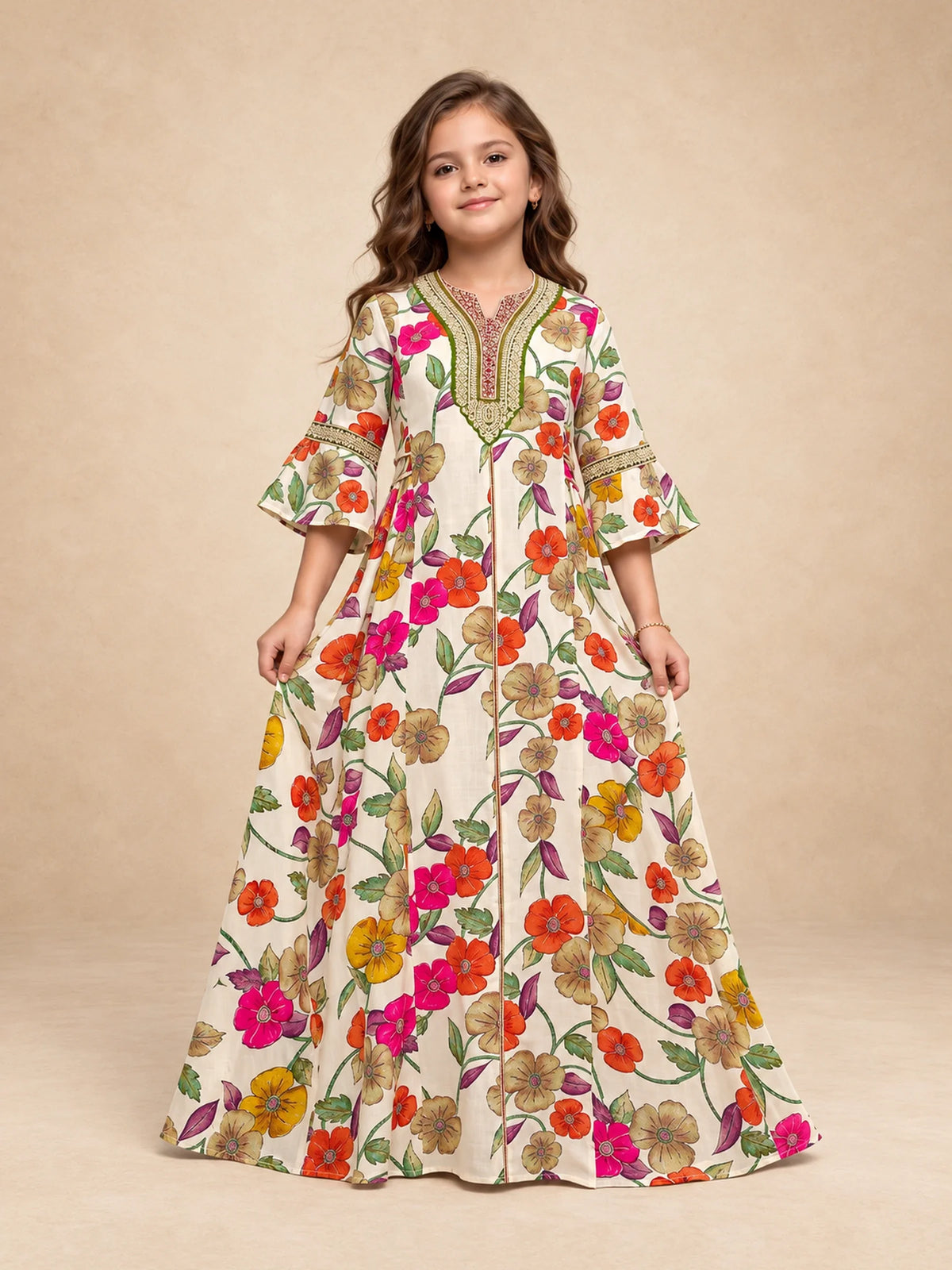 Cotton Vibrant Print Jalabiya With Embroidery And Draw  String