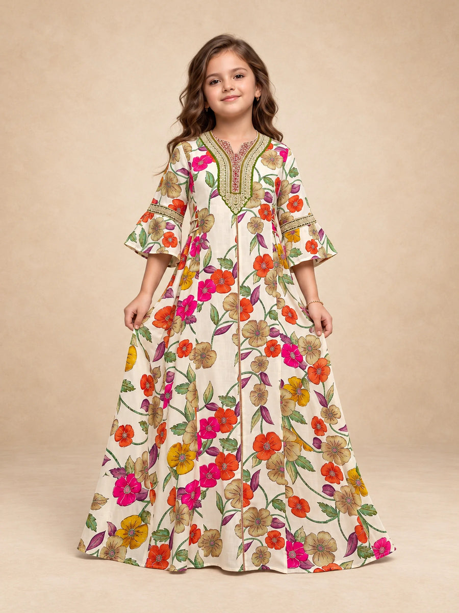 Cotton Vibrant Print Jalabiya With Embroidery And Draw  String