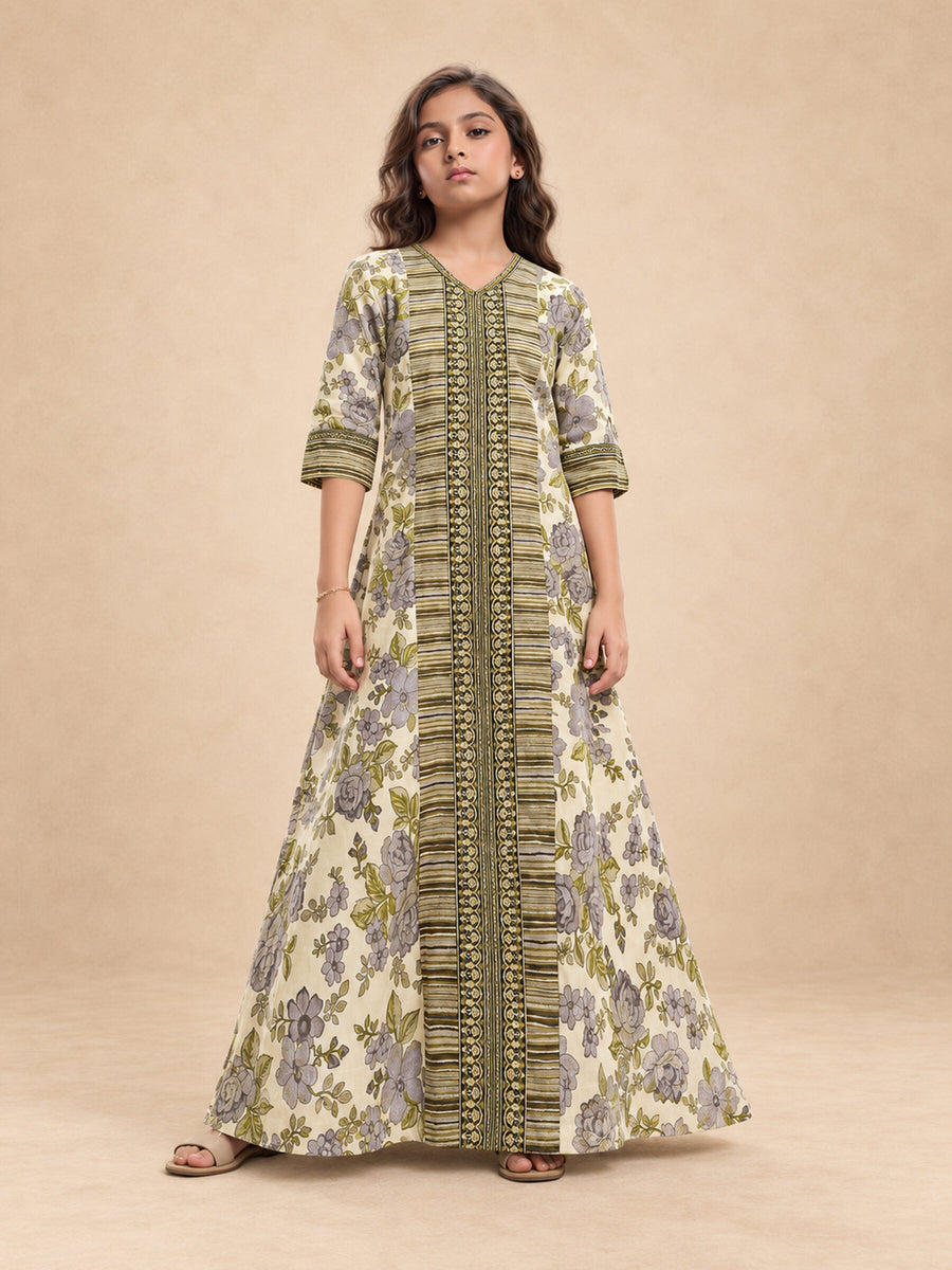Cotton Floral And Stripe Combination Print Jalabiya With Embroidery