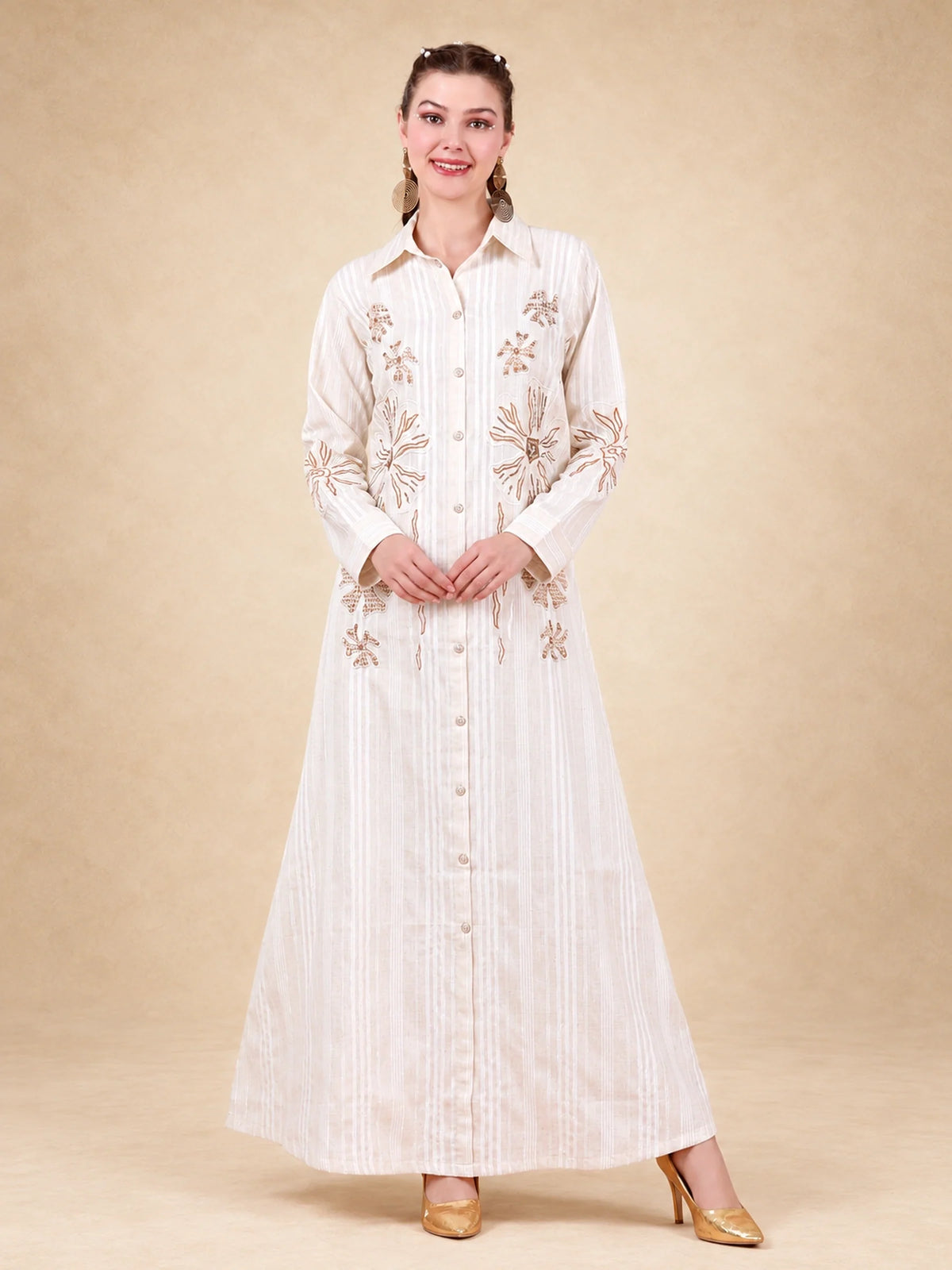 Cotton Linen Floral Embroidered Jalabiya