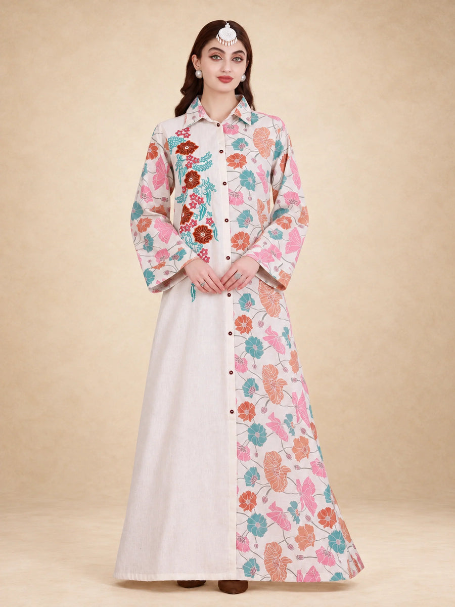 Multicolor Cotton Linen Floral Printed Jalabiya