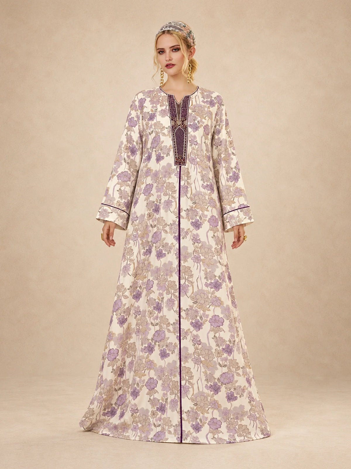 Cotton Viscose  Flower  Print Jalabiya With  Embroidery