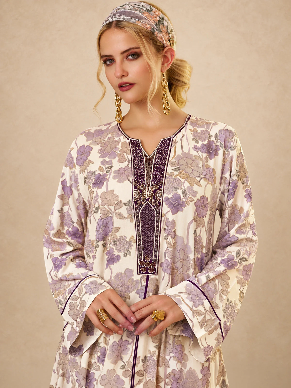 Cotton Viscose  Flower  Print Jalabiya With  Embroidery