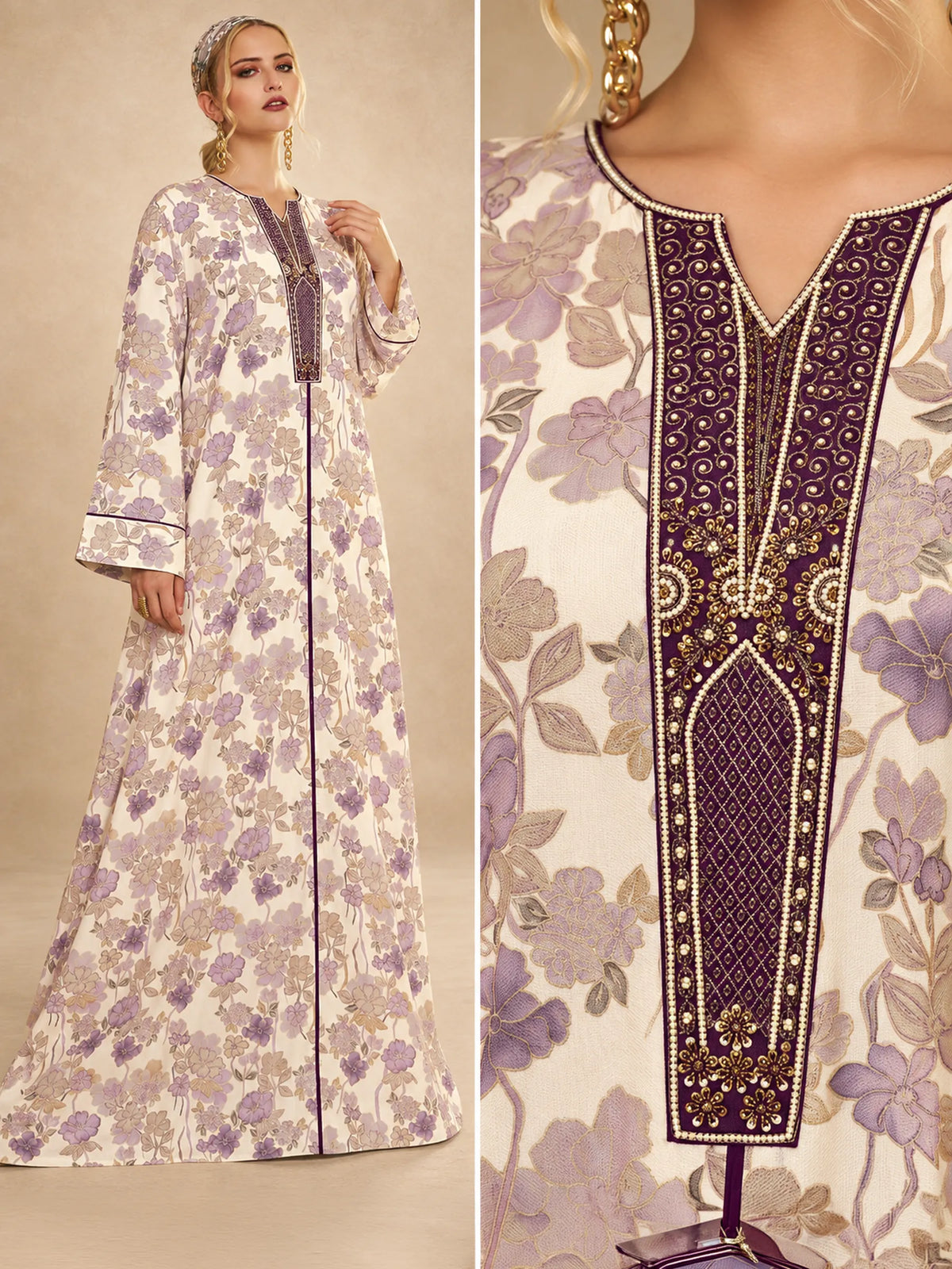 Cotton Viscose  Flower  Print Jalabiya With  Embroidery