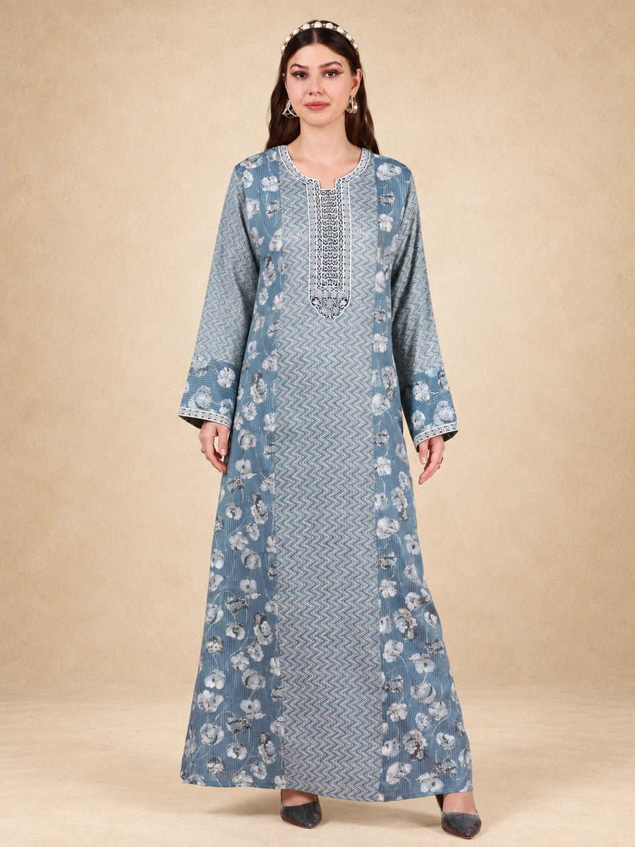 Printed Cotton Embroidered Neck Jalabiya